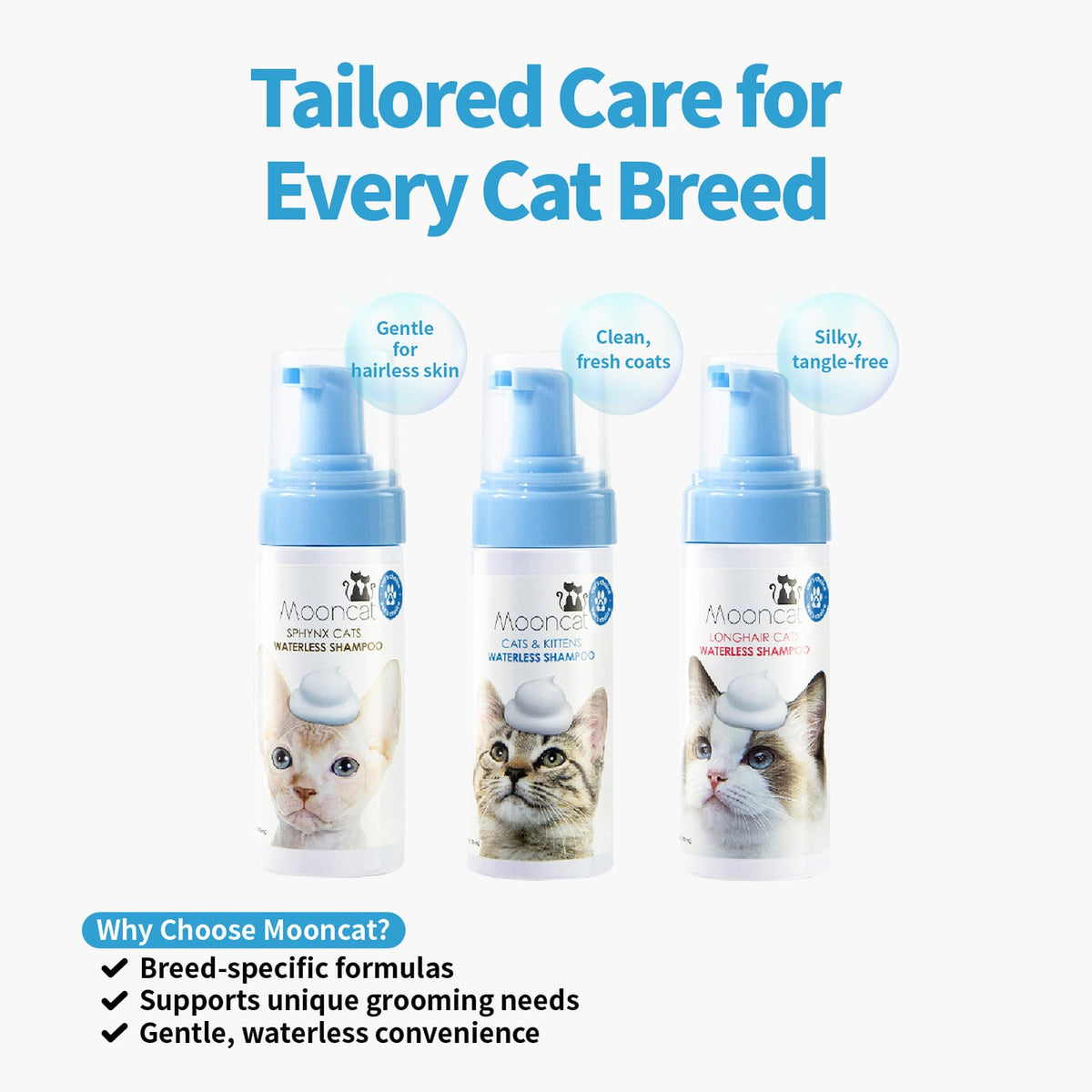 Mooncat Waterless Cat Shampoo, Short Hair Cats, No-Rinse Lick Safe Foam