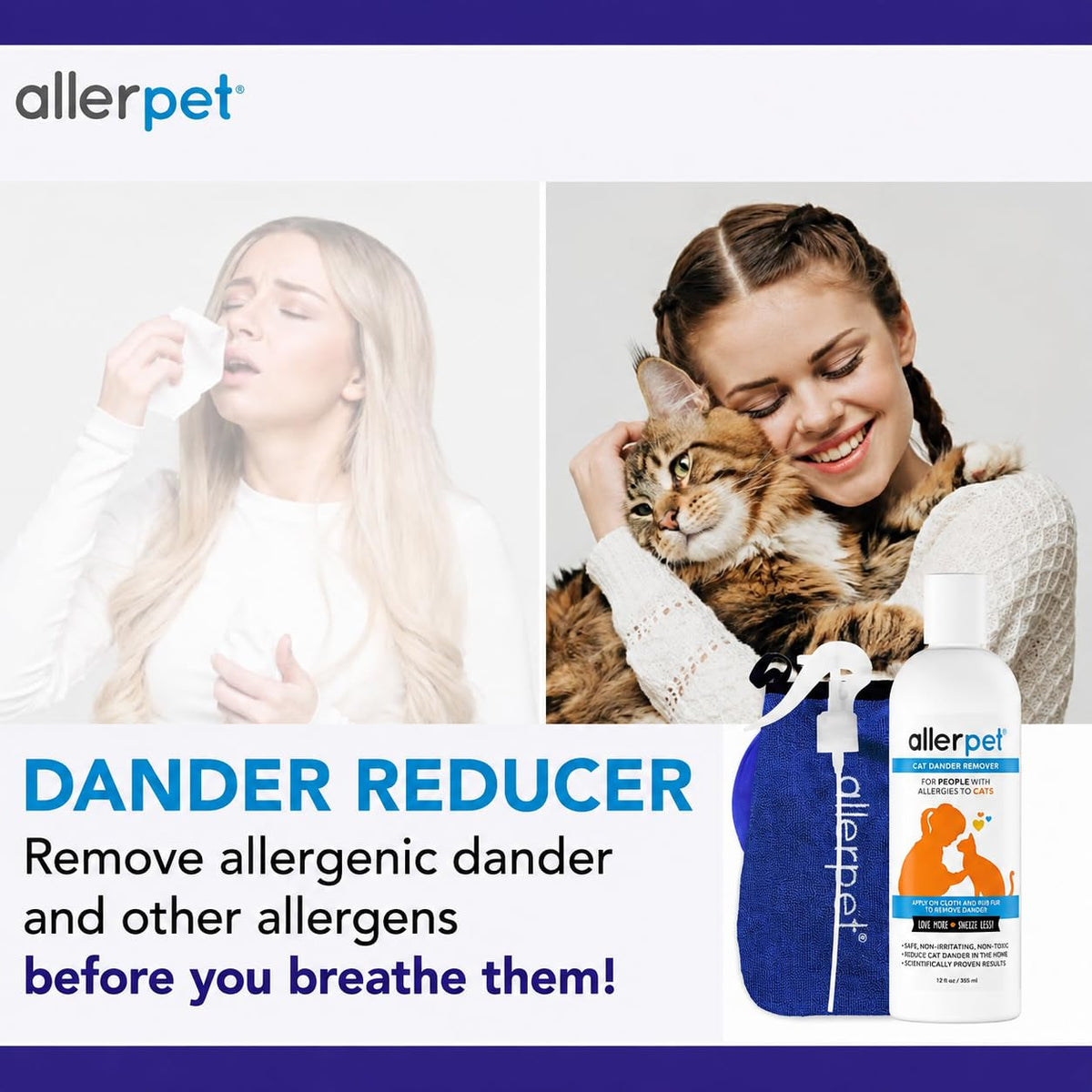 Allerpet Cat Dander Remover, Aloe-Free Pet Allergy Relief Made in USA 12 oz