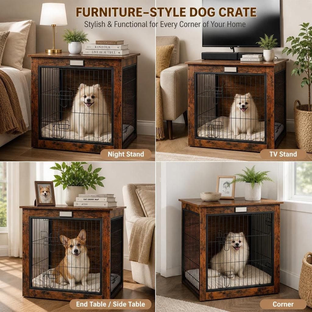 Dog Crate Furniture with Reversible Side Door, 28'' Heavy Duty Wooden Dog Kennel Indoor for Small Medium Dogs, Furniture