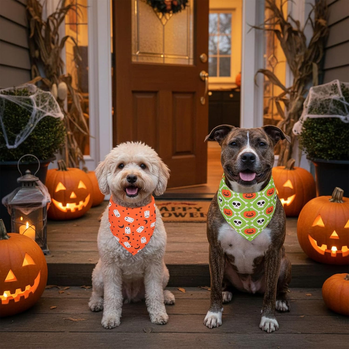 PTDECOR 4 Pack Halloween Dog Bandanas Pumpkin Ghost Bow Fall Scarf, Large
