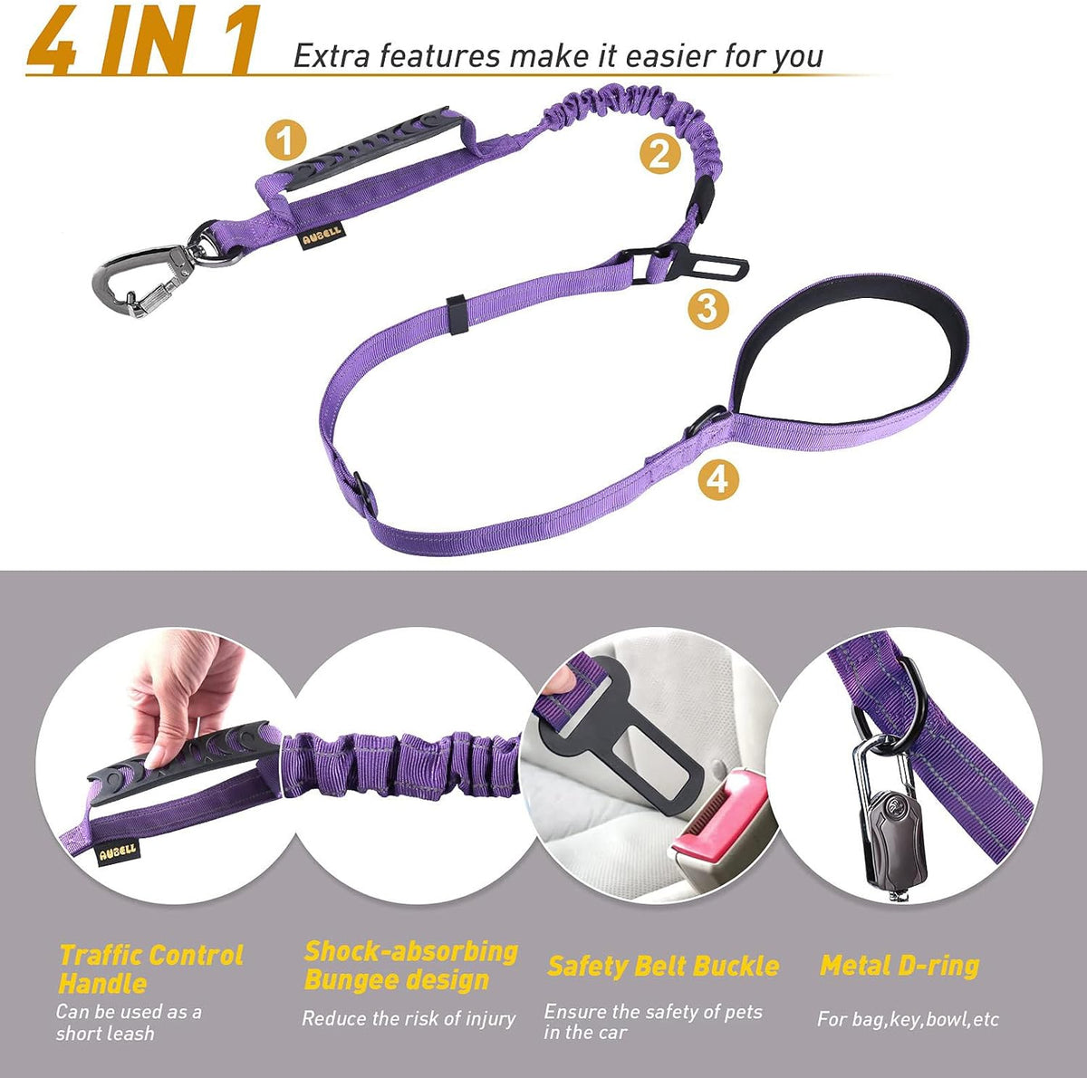 AUBELL Airtag Dog Collar and Bungee Leash Set for Medium Dogs(Purple,M)