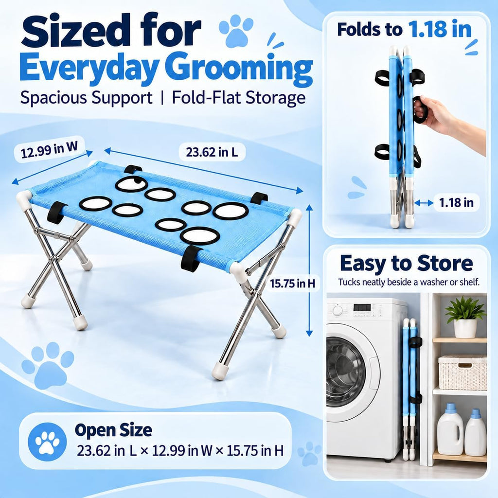 Dog Grooming Hammock with Stand for Small Dogs and Cats, Foldable Stainless Steel Frame, 8-Opening Mesh Sling for Nail T