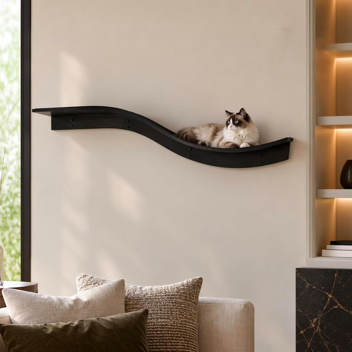 THE REFINED FELINE 60 Inch Lotus Branch Cat Shelf in Black Ebony with Replaceable Carpet, Playing, Climbing, & Lounging 