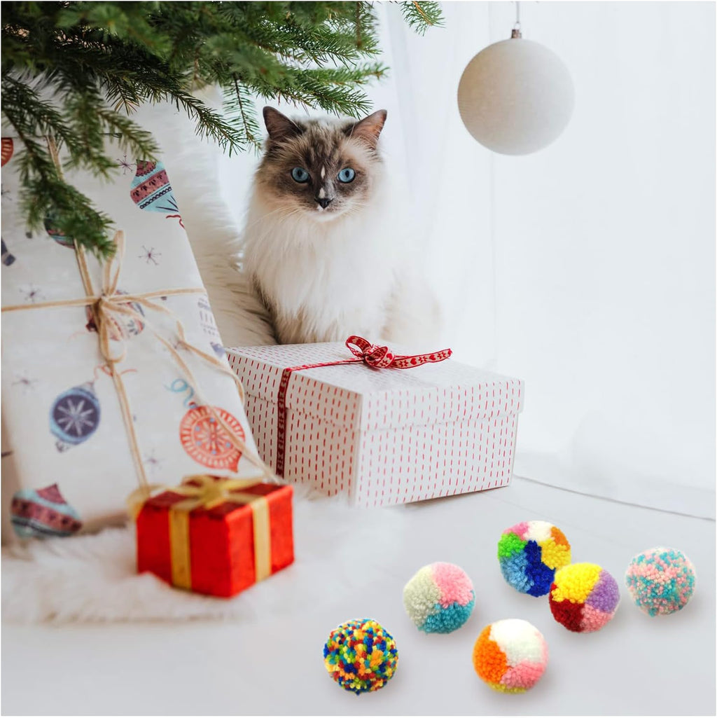 Andiker 6 Pcs Assorted Color Cat Ball Toys, Woolen Yarn Puffs Cat Pom Pom Balls Interactive Kitten Chasing Toys