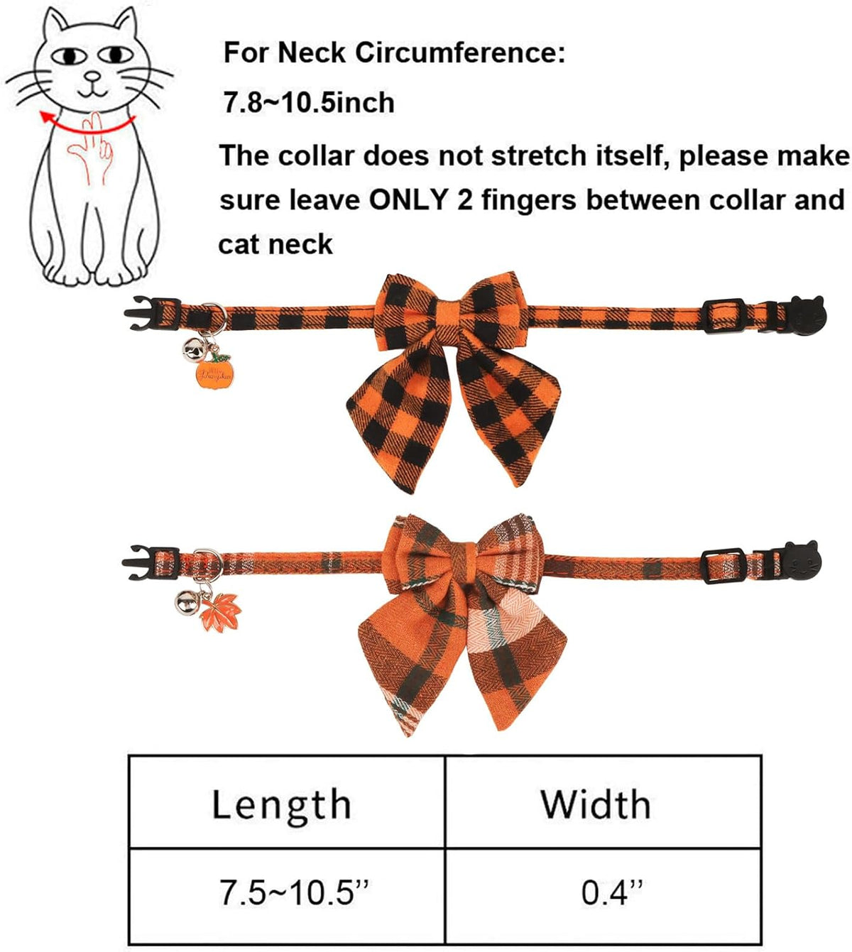 PTDECOR Fall Cat Collar with Stylish Bow, Thanksgiving Orange Plaid Collar