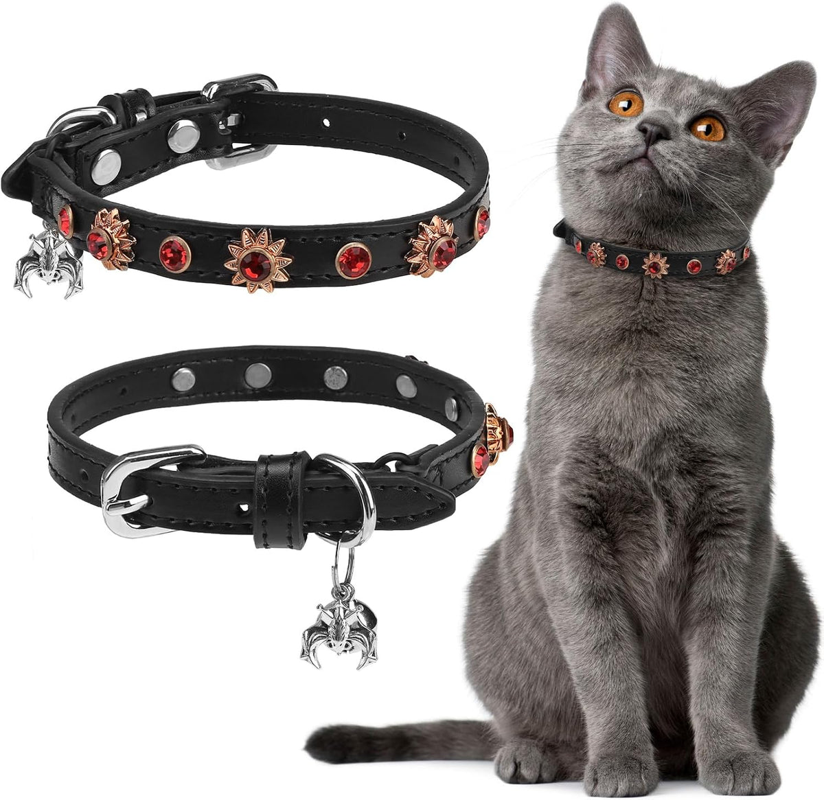 Leather Cat Collar for Girl Boy Cats,Black(Skull)