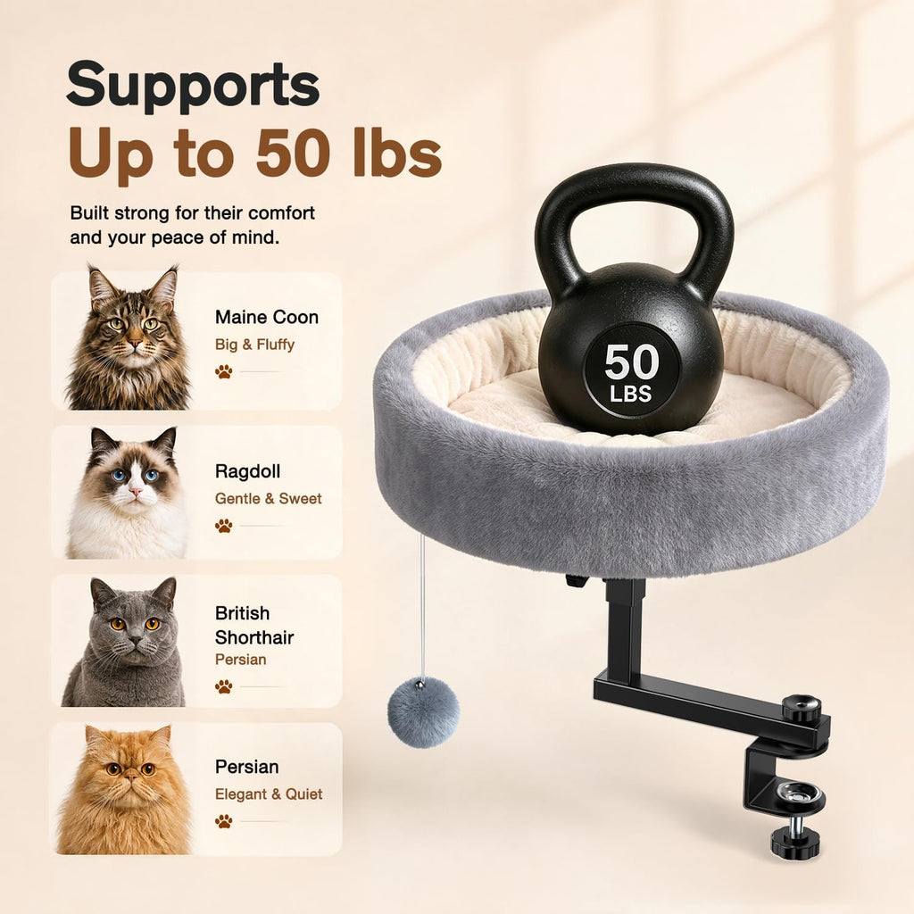 Cat Desk Bed, 360° Rotating & Height Adjustable Cat Bed, 50 lbs