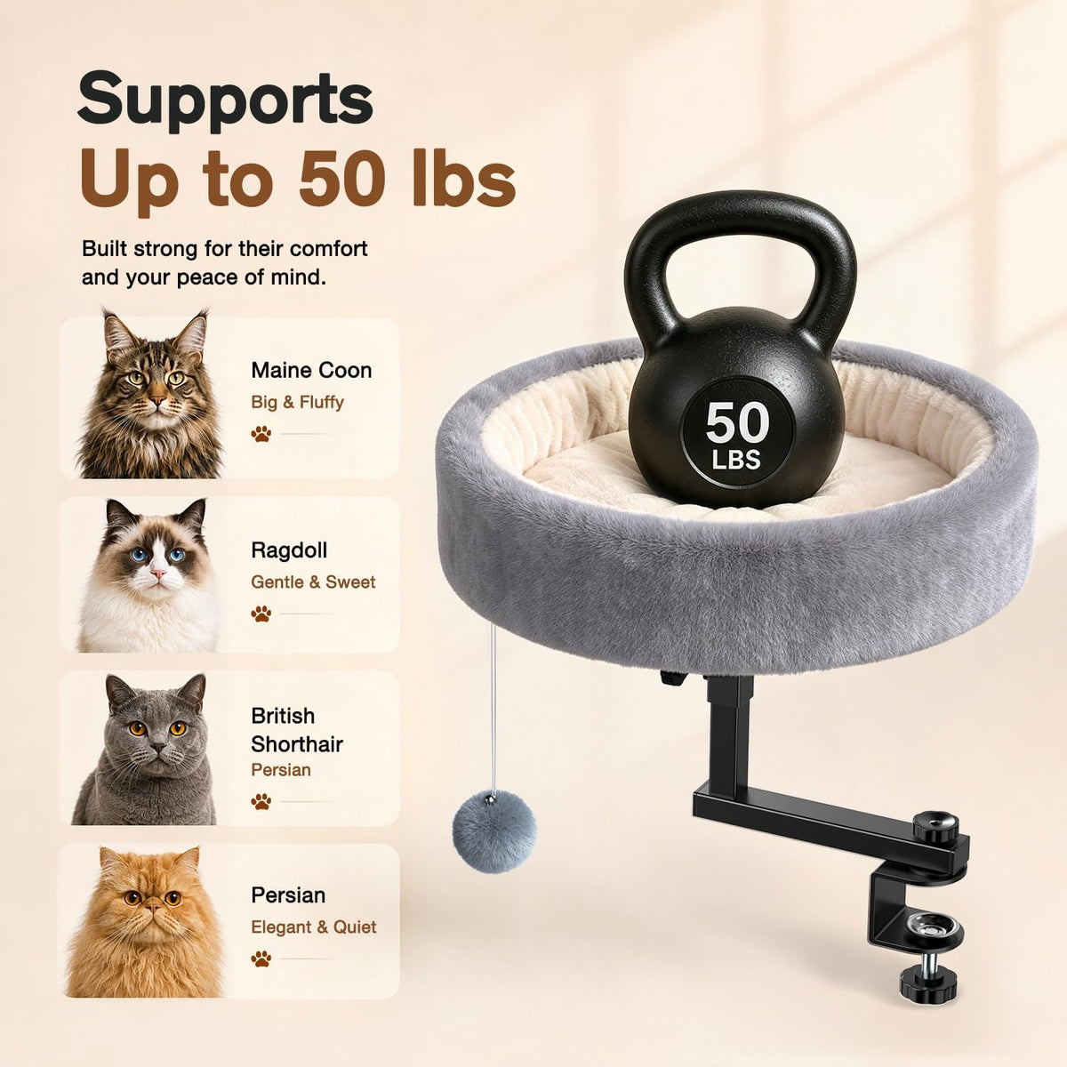 Cat Desk Bed, 360° Rotating & Height Adjustable Cat Bed, 50 lbs