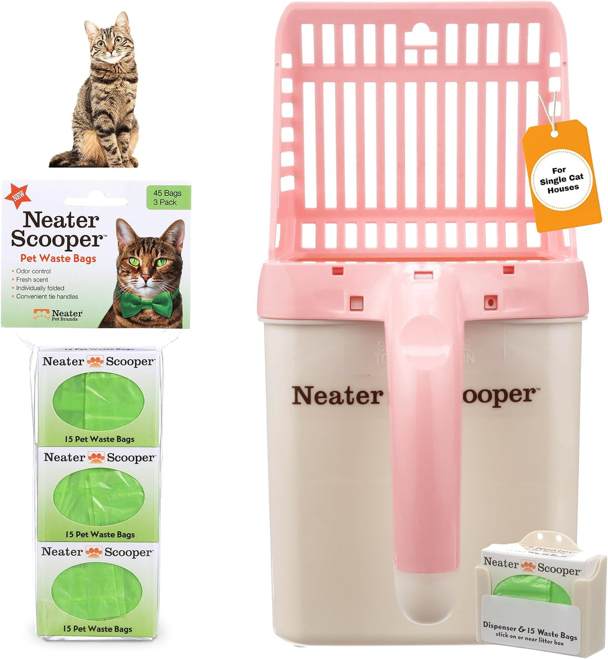 Neater Pet Brands Neater Scooper Standard Litter Scoop, 60 Refill Bags – Mess-Free Cat Litter Scooper with Bag, Spill-Pr