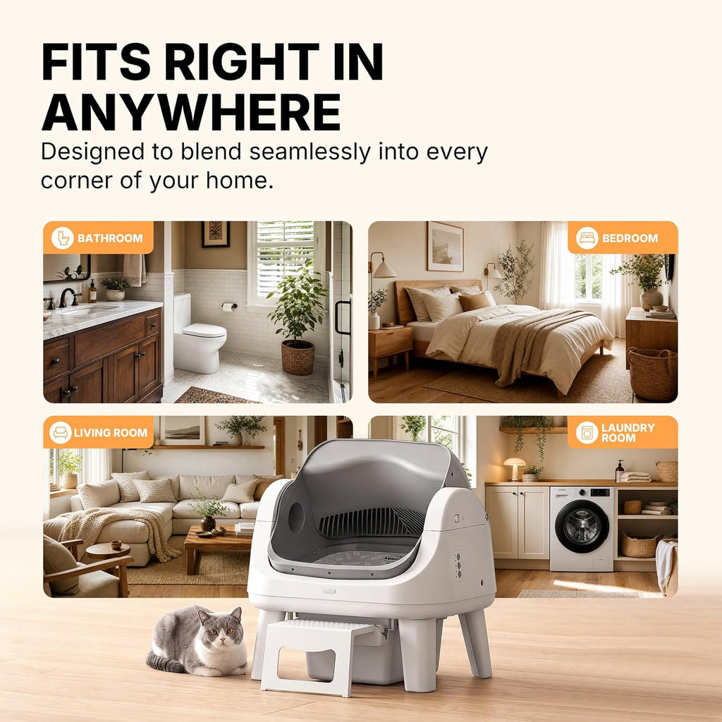Automatic Cat Litter Box with Wide Open-Top & Easy-Access Step for Cats 3–17 lb, Self Cleaning Cat Litter Box with 8L Wa