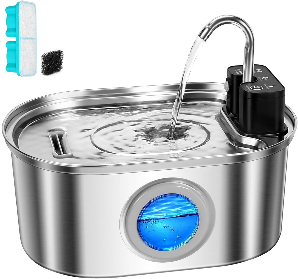 Wireless-Stainless Steel Cat Water Fountain-108oz/3.2L Pet Fountain Rechargeable & Cordless Design, Ultra-Quiet Pump-Eas