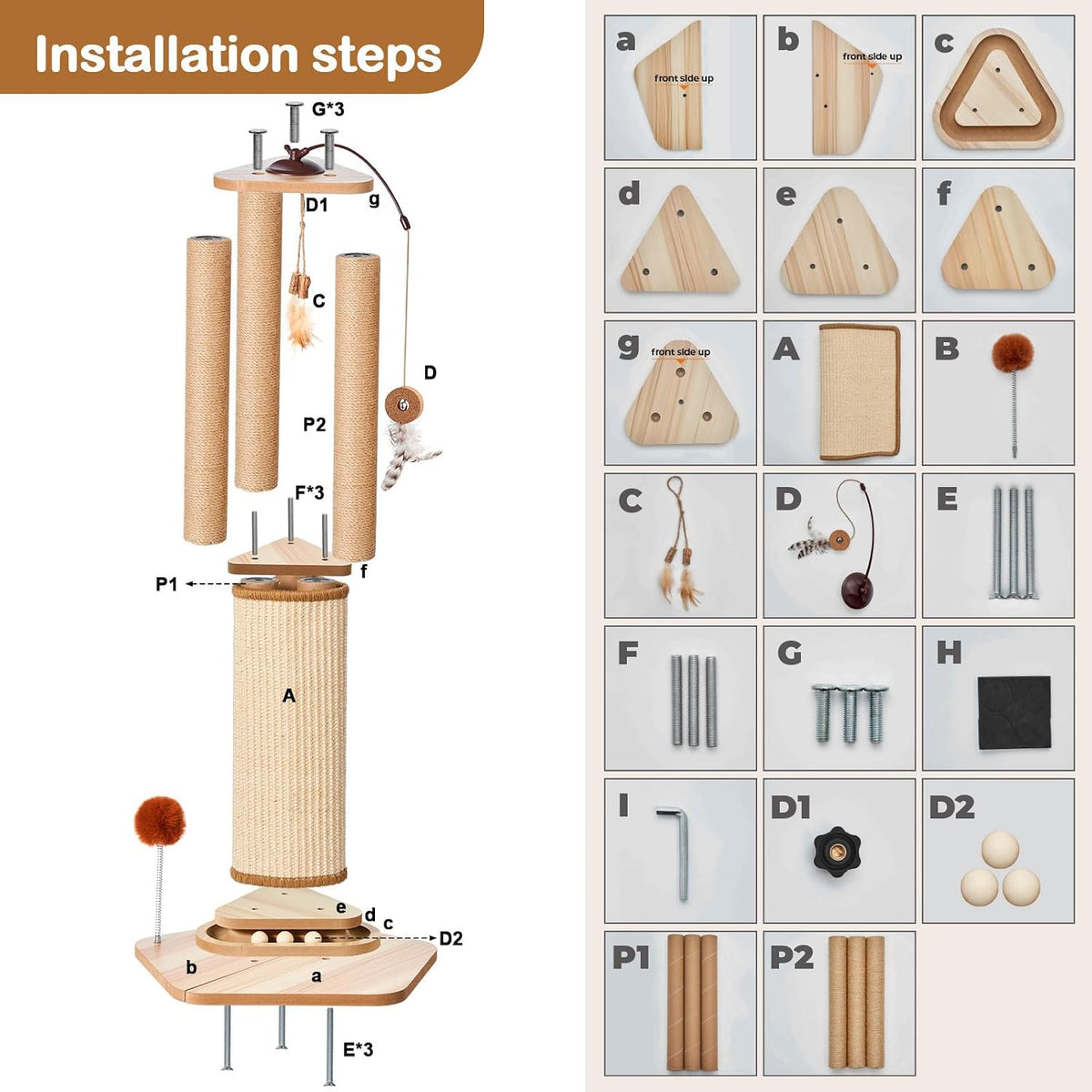 Odoland 34 Inch Cat Scratching Post for Multi Cats with 4 Interactive Toys