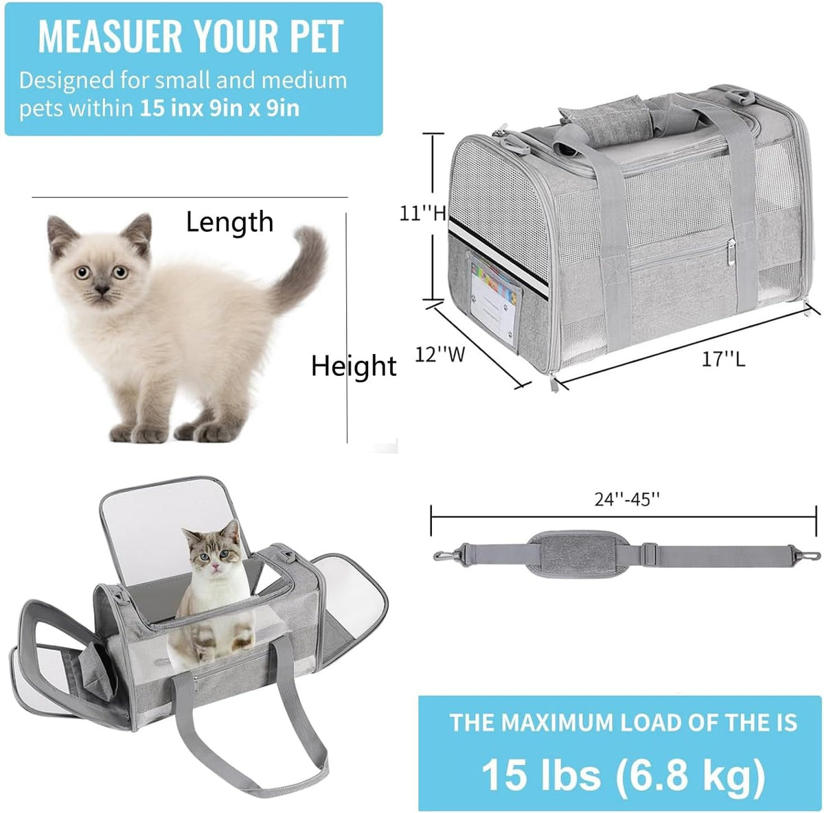 17 inch Soft Cat Carrier with Shoulder Strap for Travel, Pink