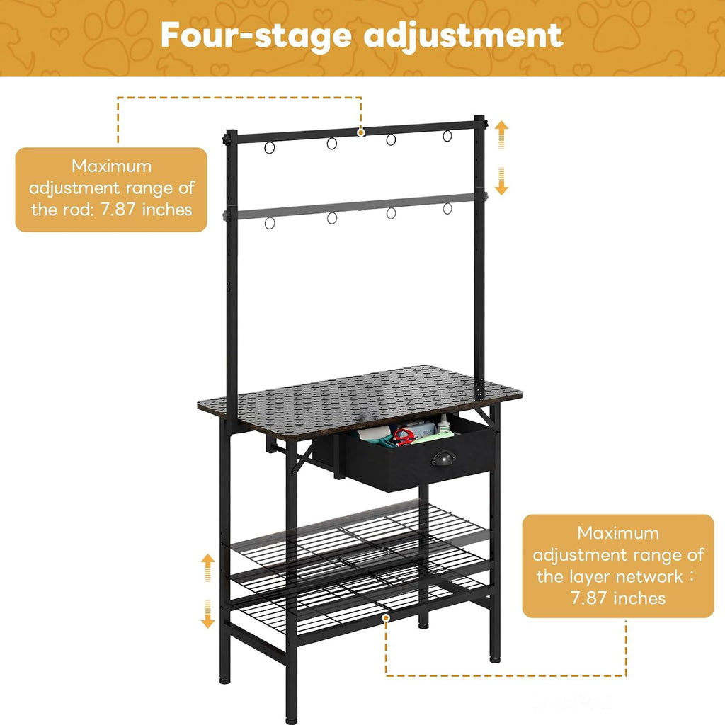 Dog Grooming Table with Drawers and Mesh Tray,32 Inch Adjustable Pet Grooming Table with Non-slip Removable Washable Mat