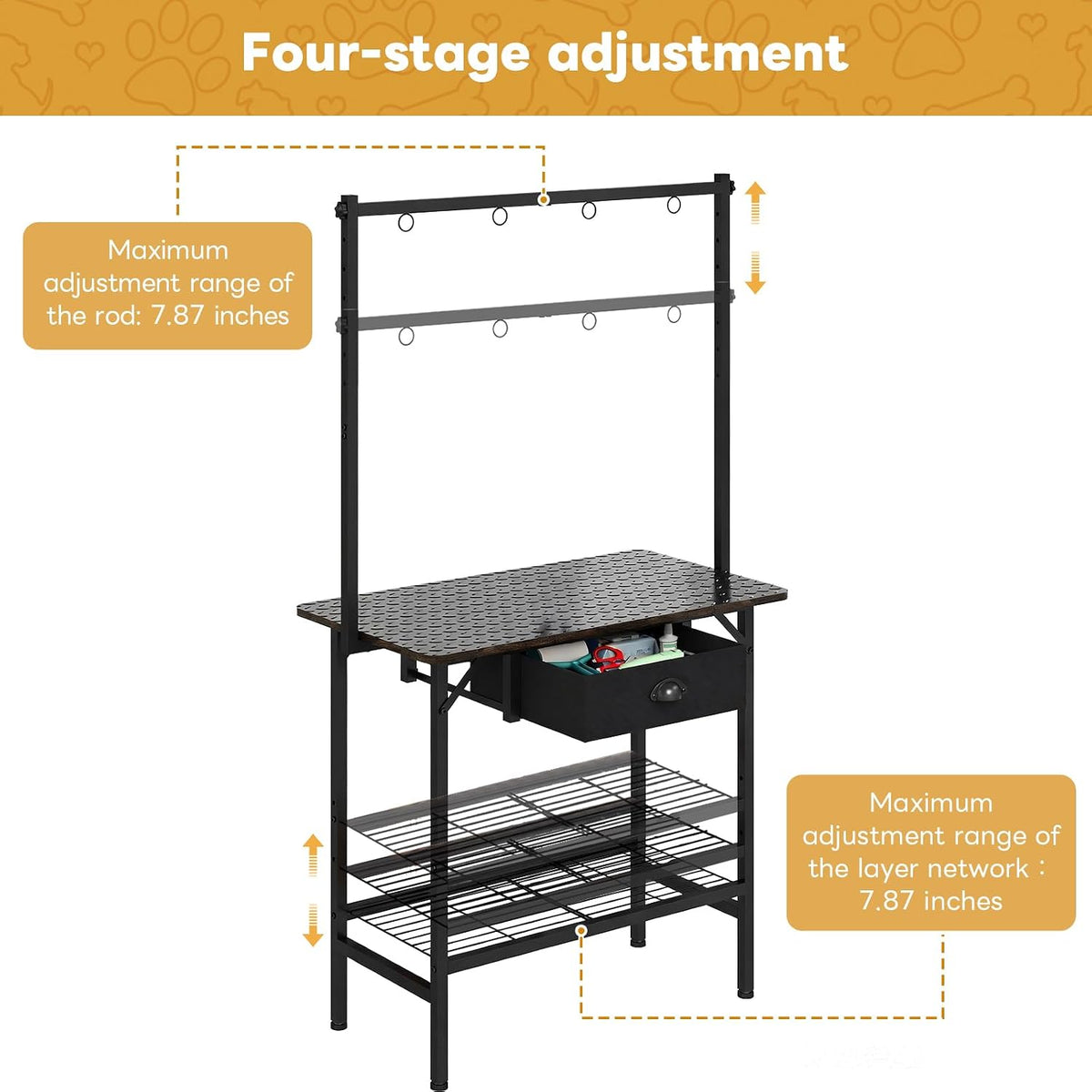 Dog Grooming Table with Drawers and Mesh Tray,32 Inch Adjustable Pet Grooming Table with Non-slip Removable Washable Mat