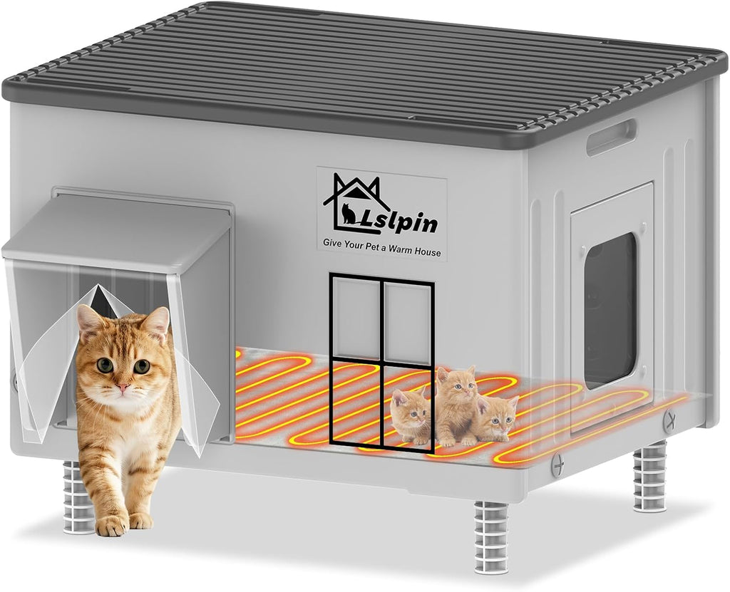 Indestructible Heated Cat House for Outside Cats Winter,Weatherproof & Insulated & Elevated Feral Cat House with Escape 