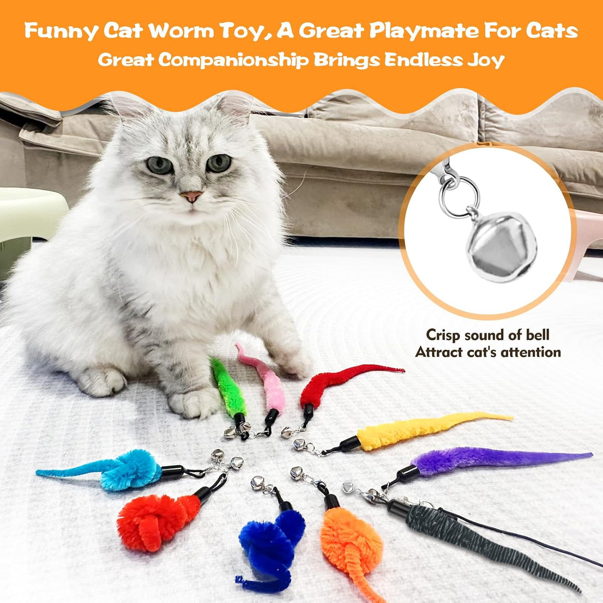 Kerros Fuzzy Worm Cat Wand Refills with Black String, 10 Pcs