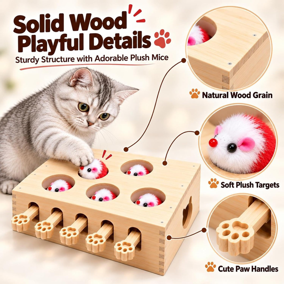 Wooden Whack a Mole Cat Toy Interactive Pop Up Mouse Hunting Game