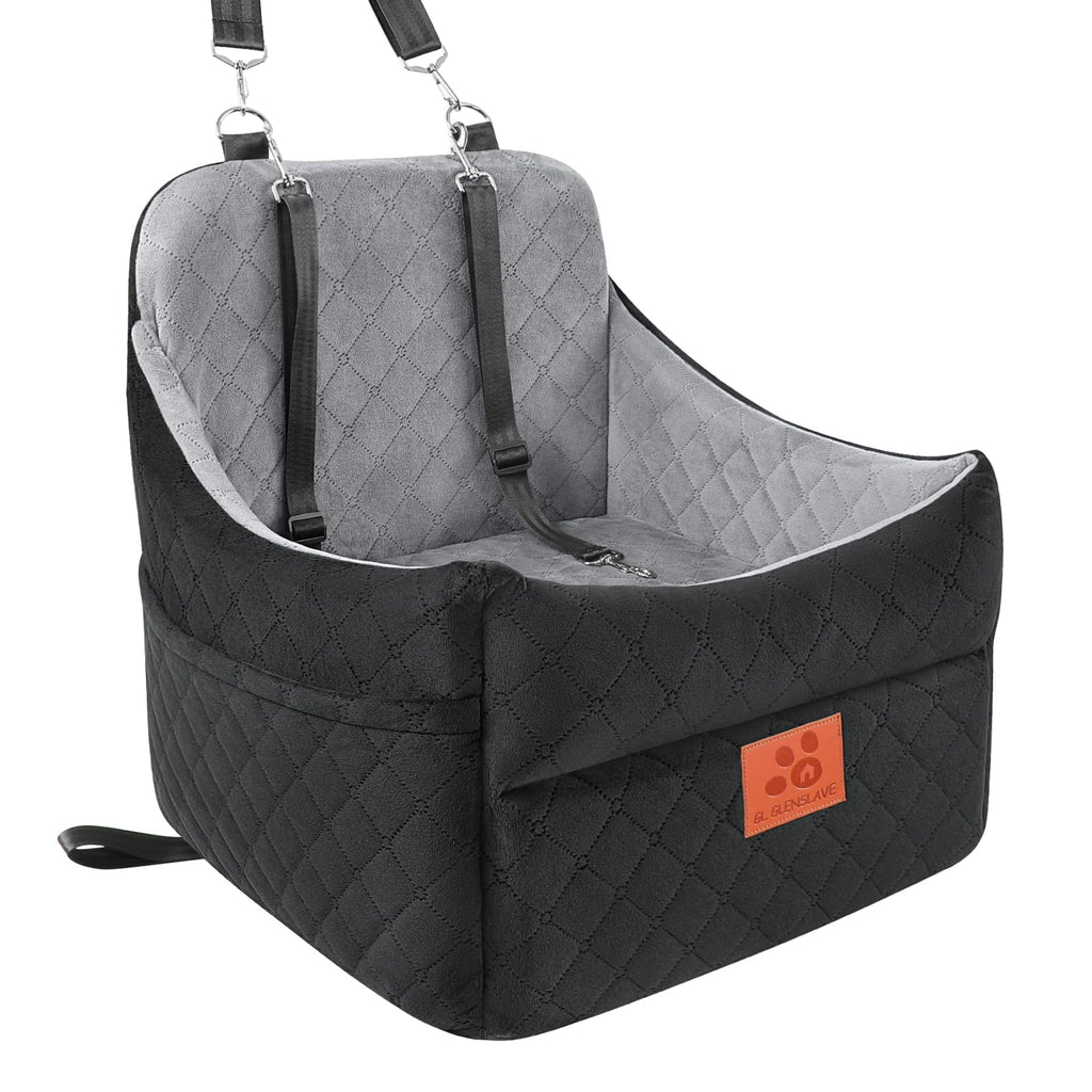 GL GLENSLAVE Dog Car Seat for Small/Medium Dogs, Dog Booster Car Seats with Thick Cushion for Dogs Under 35lbs, Detachable Washable Pet Carseat with Storage Pockets, 2 Safety Belts(Black/Grey)