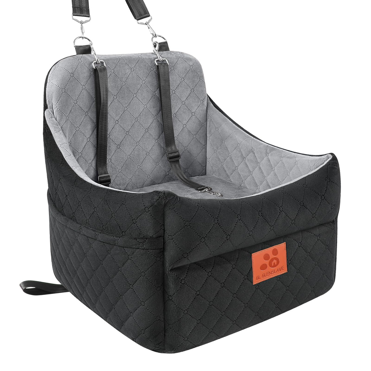 GL GLENSLAVE Dog Car Seat for Small/Medium Dogs, Dog Booster Car Seats with Thick Cushion for Dogs Under 35lbs, Detachable Washable Pet Carseat with Storage Pockets, 2 Safety Belts(Black/Grey)