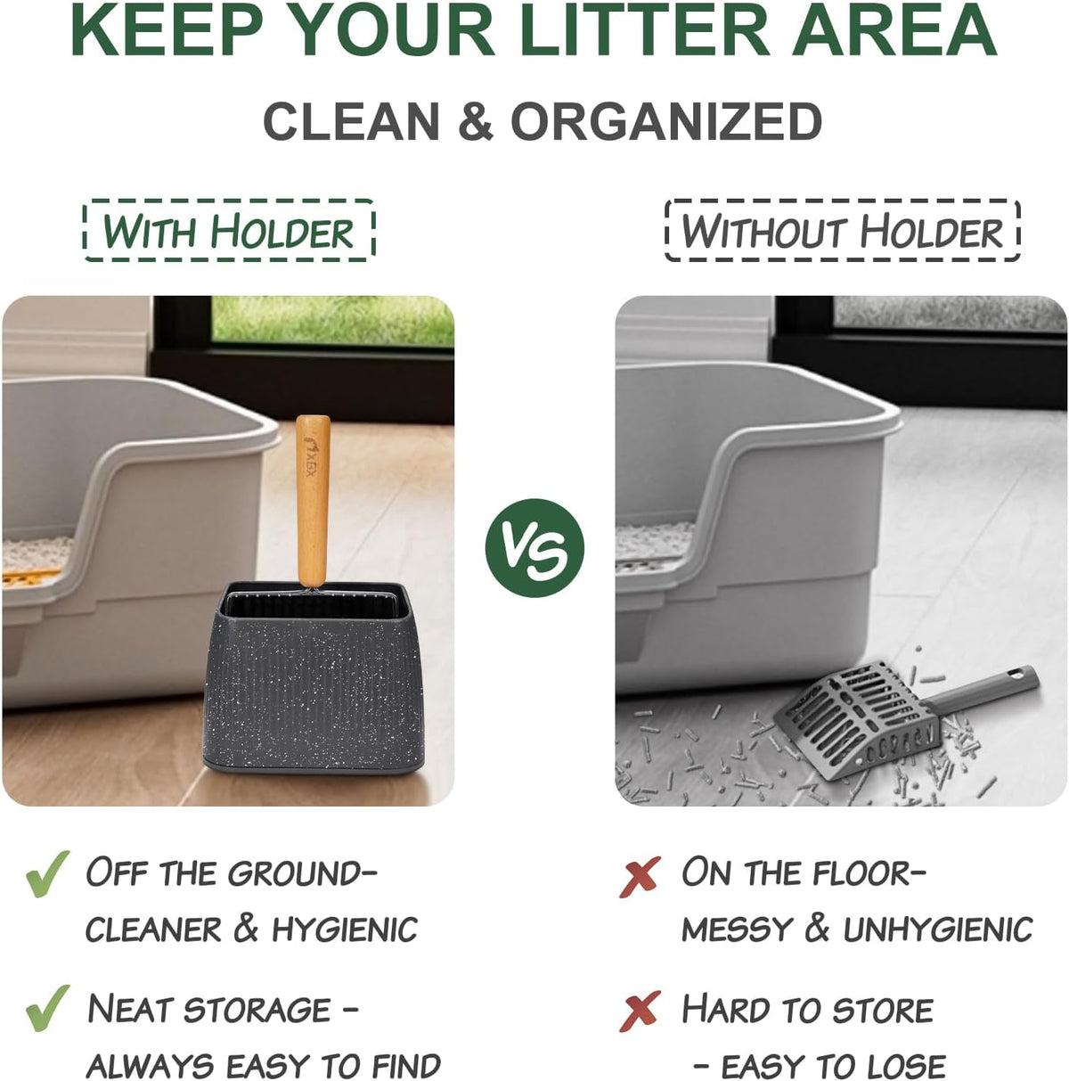 XBX Cat Litter Scoop with Holder, Heavy Duty Litter Sifter, Stainless Steel Litter Shovel, Litter Scooper with Beech Woo