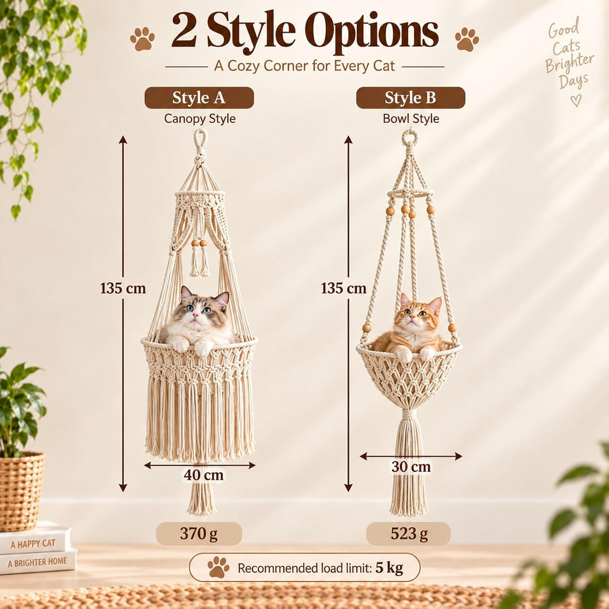 Boho Hanging Cat Bed, Macrame Cat Hammock with Plush Cushion (#A)