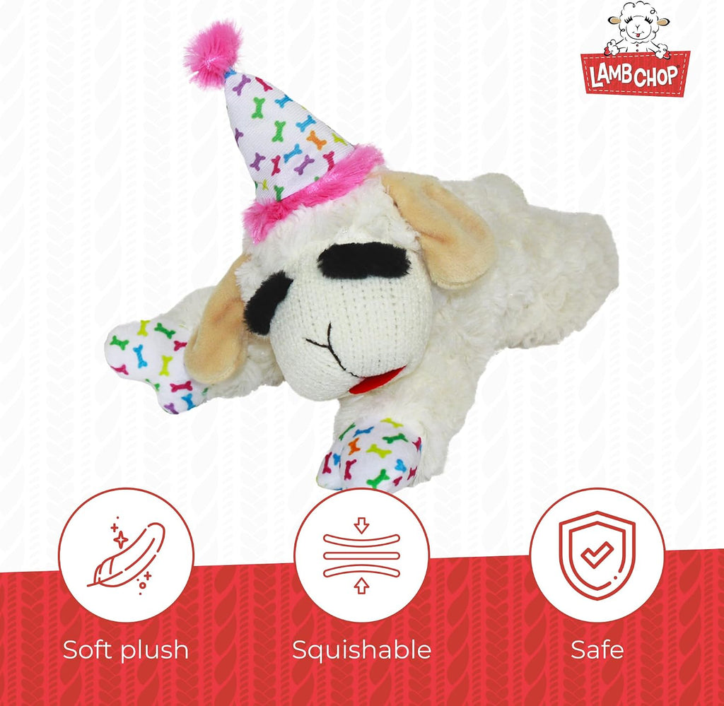 Multipet Lamb Chop Dog Plush Toy with Birthday Hat - Squeaky Dog Toy
