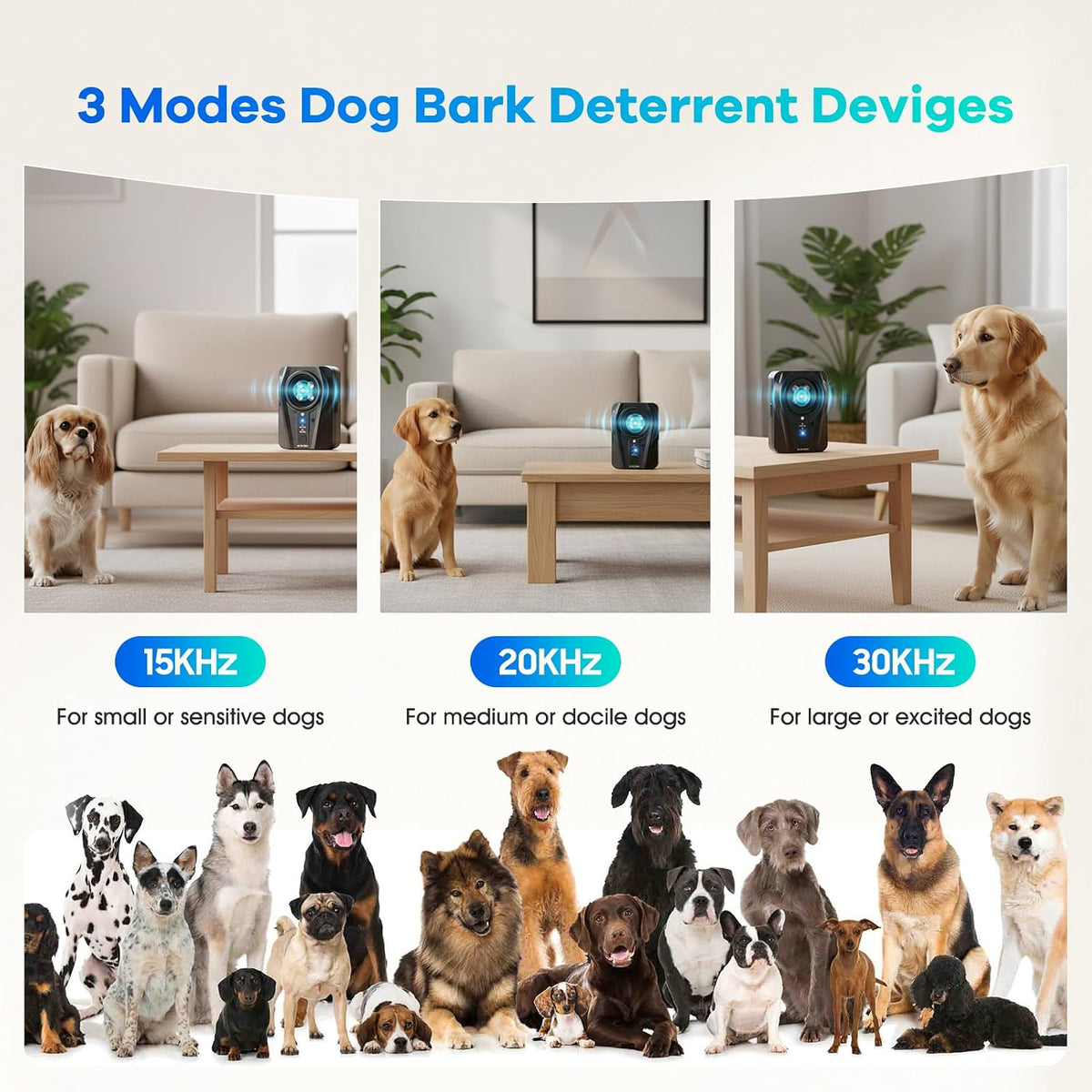 Dog Bark Deterrent Devices, Automatic Anti Barking Device with 4 Ultrasonic Transmitters Long Range 50FT, 3 Mode Recharg