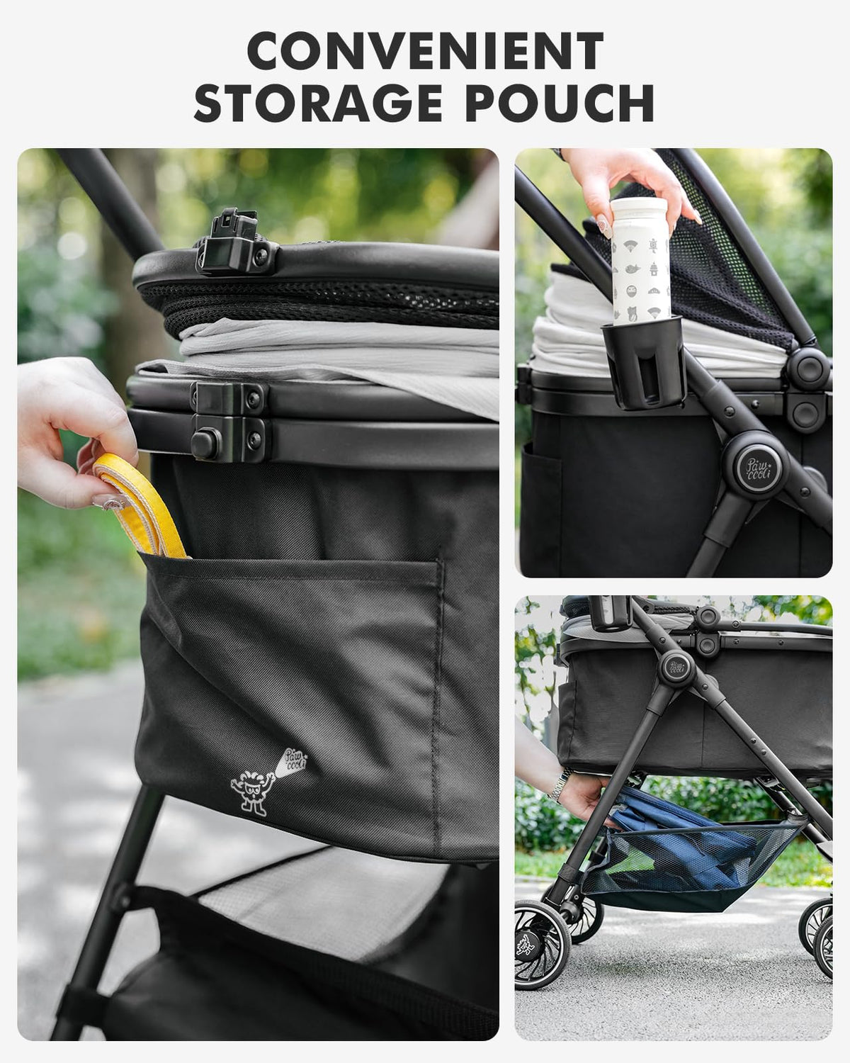 Pawccoli Pet Stroller for Small Dogs and Cats, One-Click Foldable Dog Stroller with Detachable Carrier & 3 Safety Tethers, Holds up to 33 lbs, Storage Basket & Cup Holder, Breathable Mesh, Black