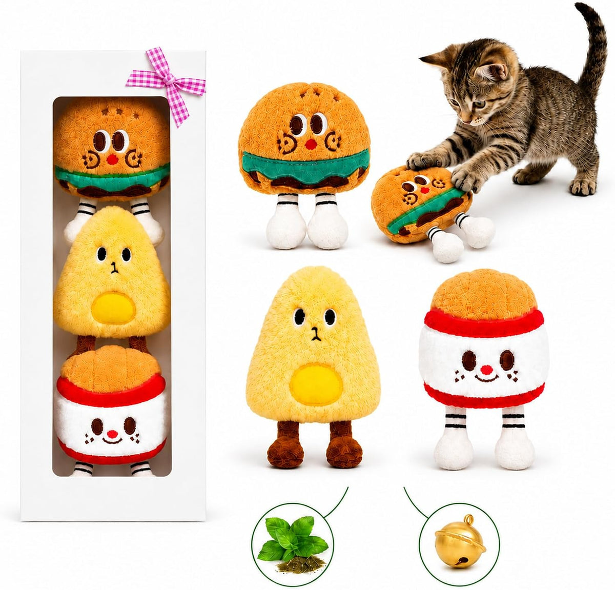 4-Pack Catnip Toys for Cats with Bells, Fruit-Shaped Soft Plush Interactive Set in Gift Box for Indoor Cats and Kittens,