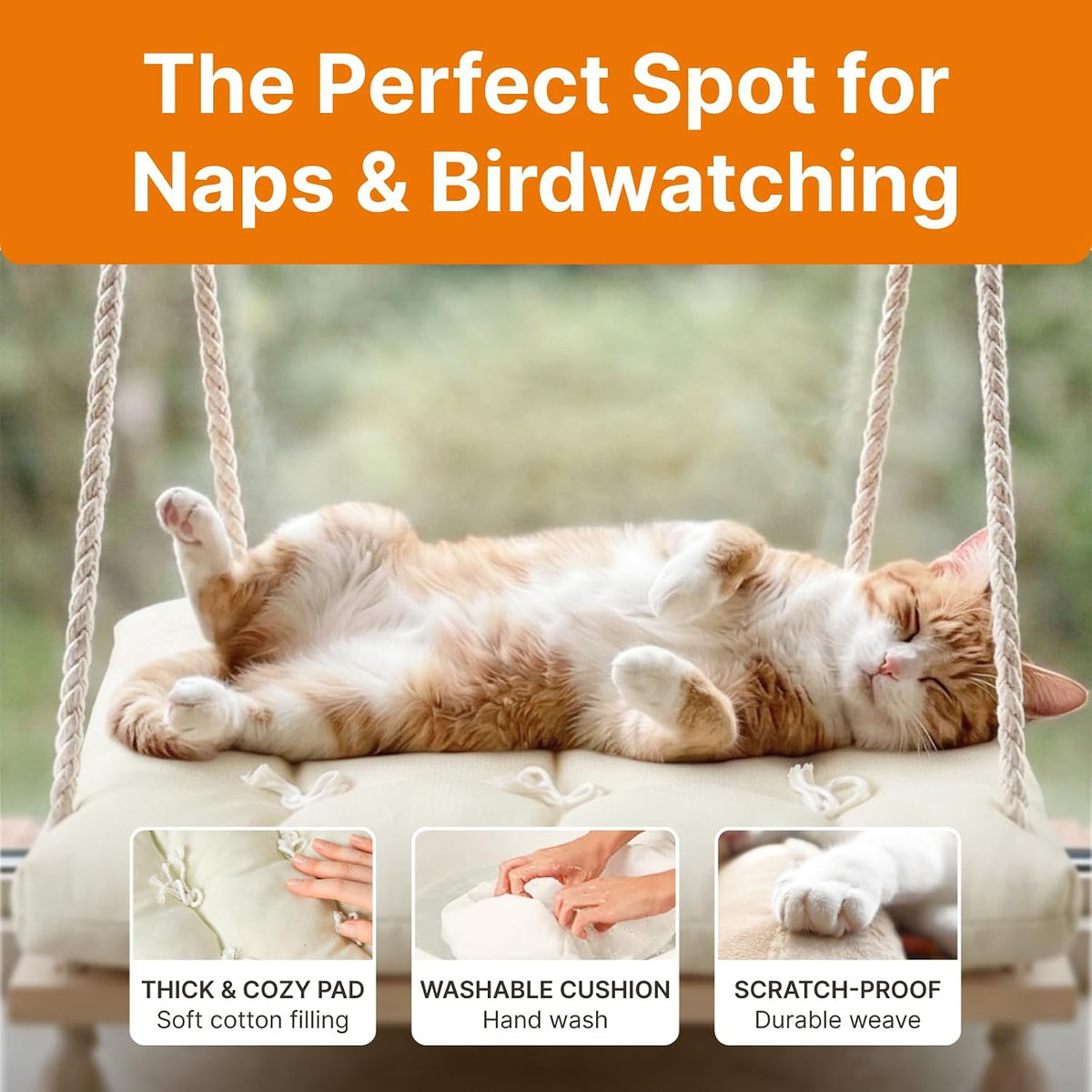 Cat Window Perch with Industrial-Grade Suction Cups - Solid Pine Wood Hammock Bed, Soft Cushion - 42 lb Capacity for Cat