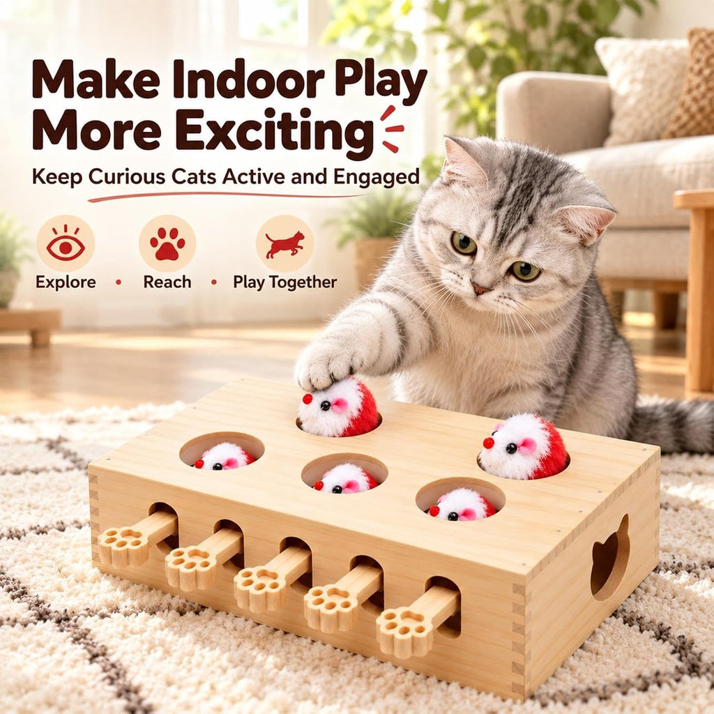 Wooden Whack a Mole Cat Toy Interactive Pop Up Mouse Hunting Game