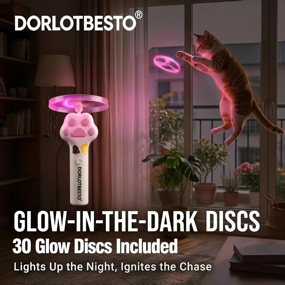 Automatic Cat Toy Launcher with 30 Glow in the Dark Flying Discs – Interactive Fetch Shooter for Indoor Cats, Exercise &