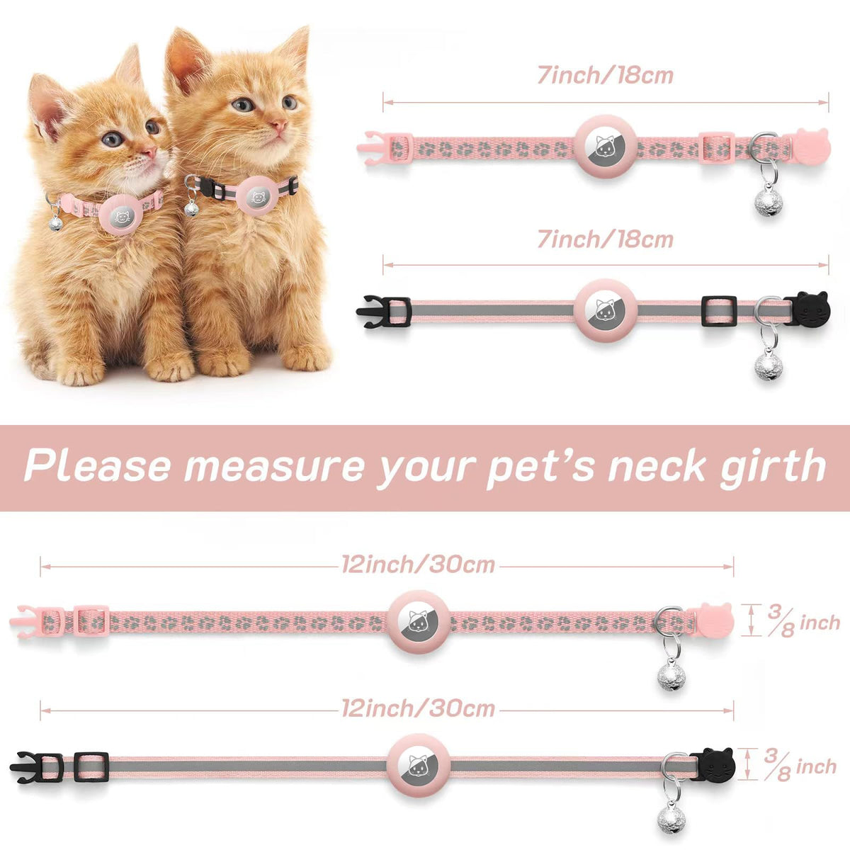 2 Pack Airtag Cat Collar Breakaway with Bell,Reflective Kitten Collar with Apple Airtag Cat Collar Holder,Adjustable 7-12In,Safety Buckle for Girl Boy Cats,Pet Supplies,Accessories,Gifts (Pink)