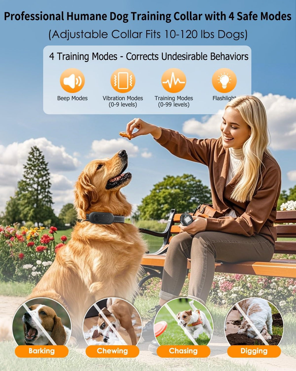 Dog Shock Collar with Remote Control, Waterproof Dog Training Collar, Bk