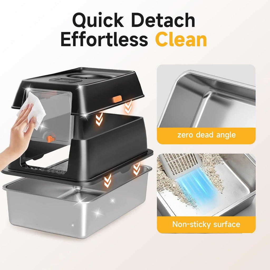 XL Enclosed Stainless Steel Litter Box with Lid & Mat,Black
