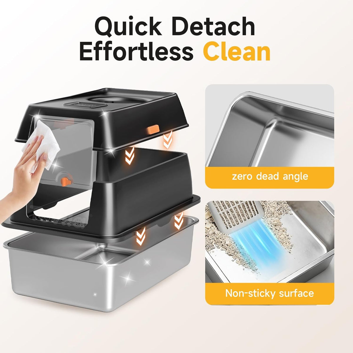 XL Enclosed Stainless Steel Litter Box with Lid & Mat,Black