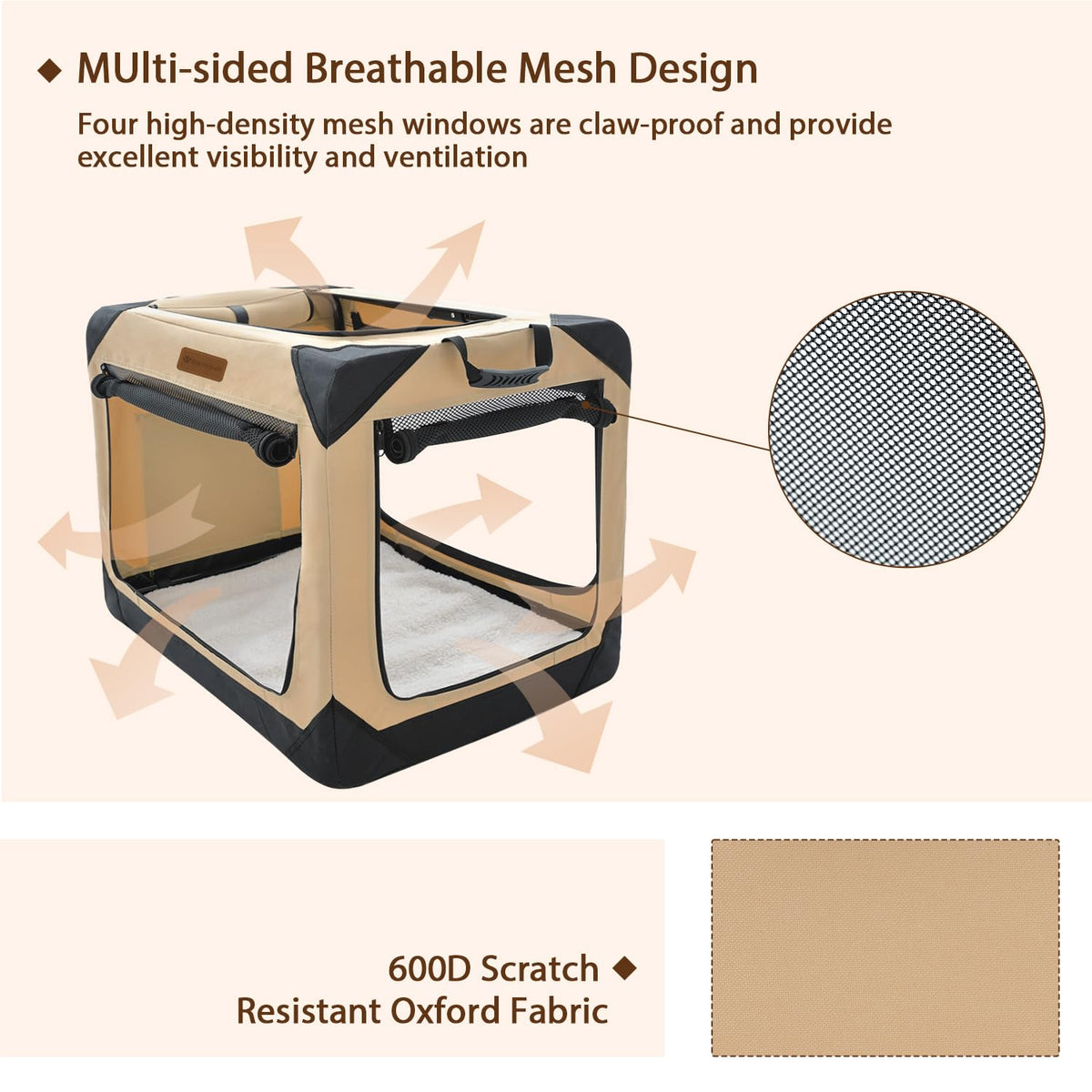 Garnpet 36 Inch Collapsible Soft Dog Crate for Large Dogs, 4-Door Foldable Travel Dog Kennel with Durable Mesh Windows for Indoor & Outdoor Portable Pet Crate, Soft Side Dog Crate, Beige