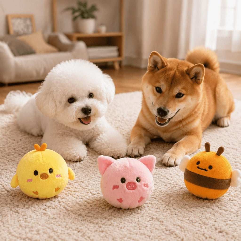 Mini Fluffy Squeaky Pet Ball, 2‑Pack Plush Soft Pet Play Balls, Cute Animal Shape Indoor Interactive Toy for Puppies & C