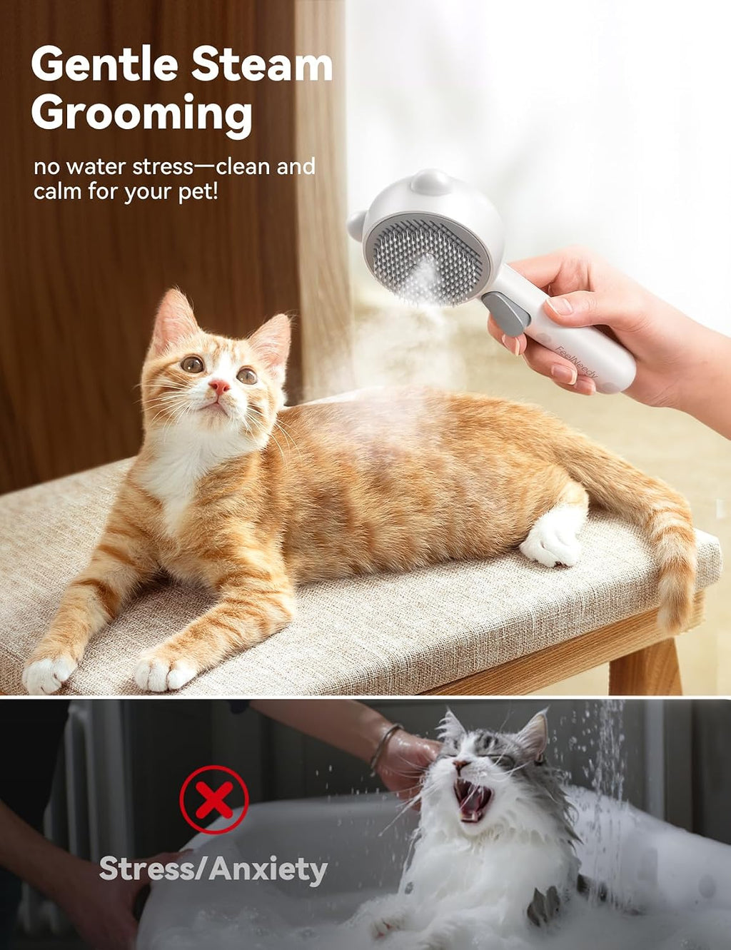 Cat Steam Brush, Brushes for Indoor Cats with Release Button, Undercoat Removal Grooming Supplies, Dual Spray USB Rechar