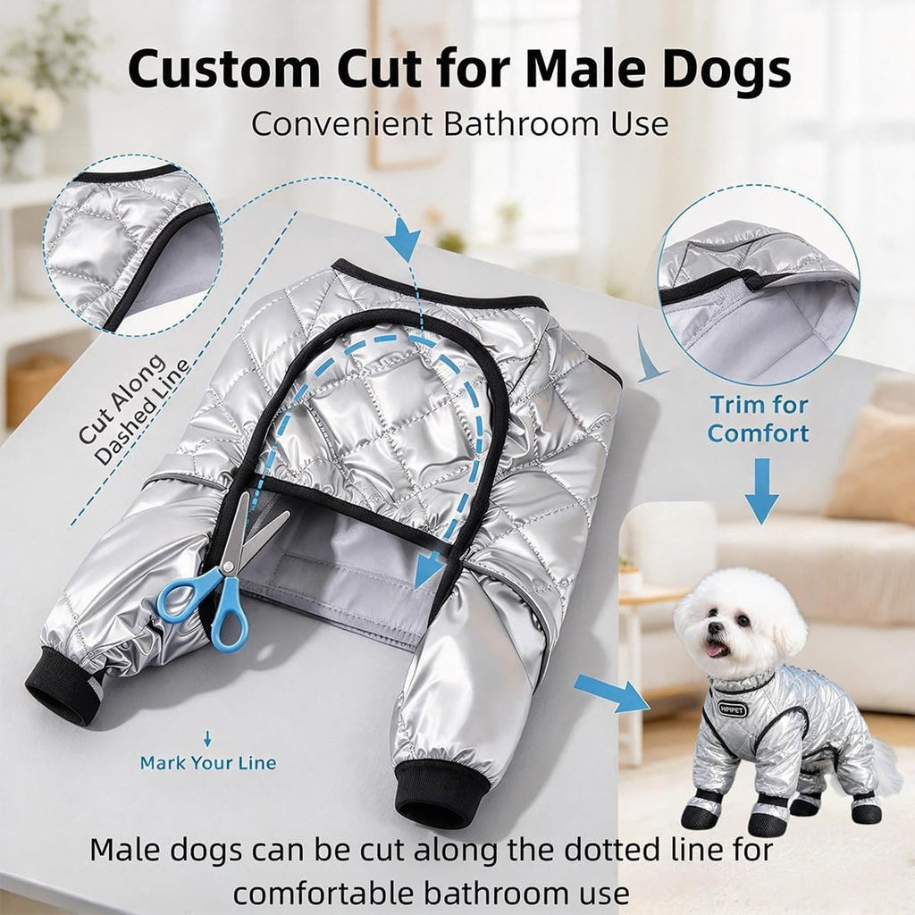 Dog Winter Suit with Boots, Full Coverage Dog Snowsuit，Silver：Large