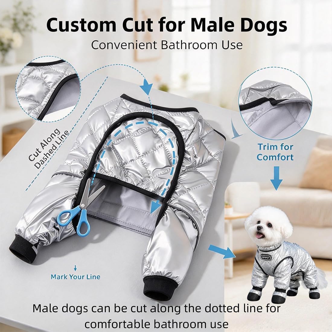 Dog Winter Suit with Boots, Full Coverage Dog Snowsuit，Silver：Large