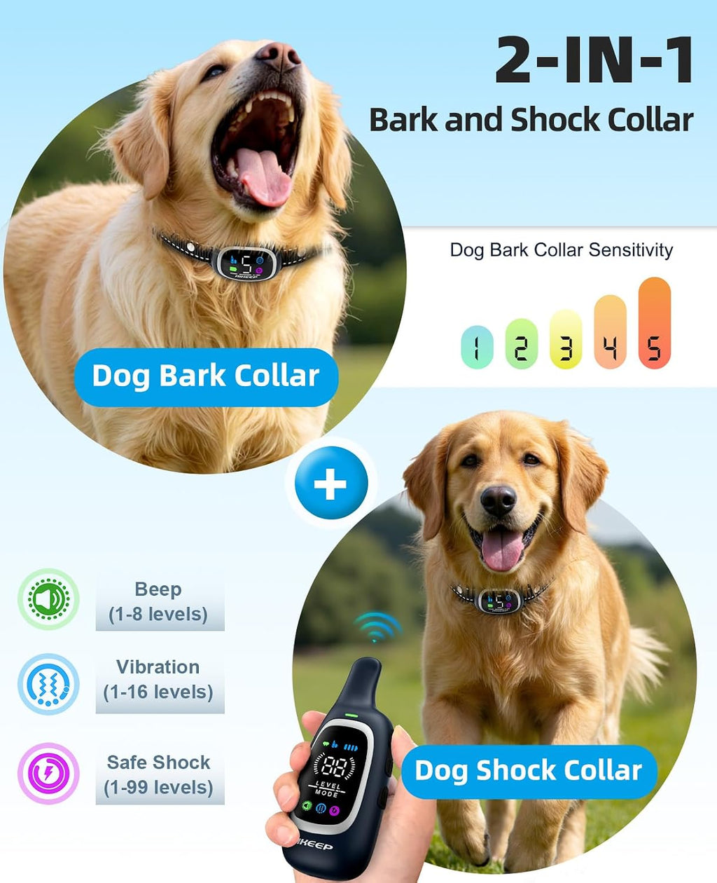 2-in-1 Dog Shock Collar and Bark Collar for Dogs – 3300FT Dog Training Collar with Remote, IP67 Waterproof e Collar with