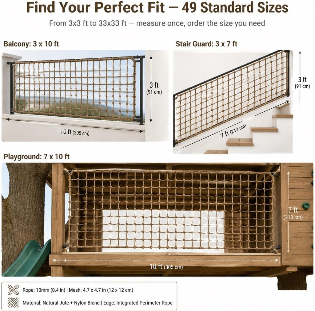 Balcony Safety Net 3x13FT, 0.4in Jute Climbing Rope Mesh for Stairs