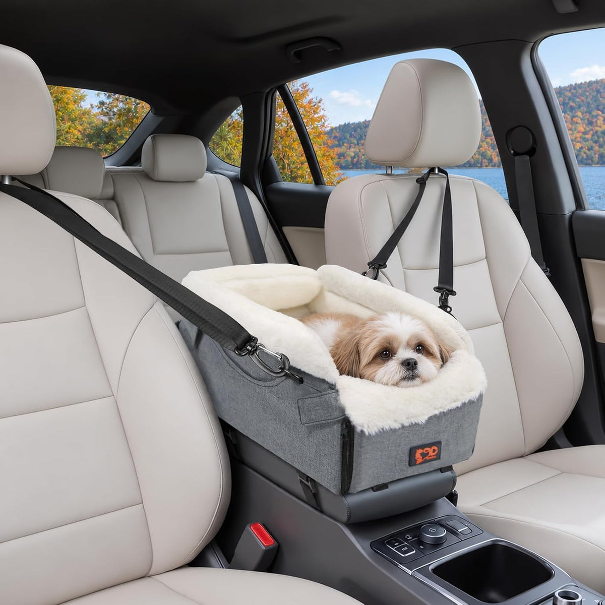 Dog Car Seat for Center Console, Foldable Pet Car Seat for Small Dogs Cats up to 10 lbs, Ultra-Soft Faux Rabbit Fur Pupp