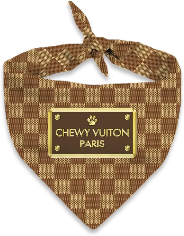 Chewy Vuiton Dog Bandana Designer Fashion Scarf Kerchief for Small Medium and Large Dogs, Funny Parody Gift for Girl or 