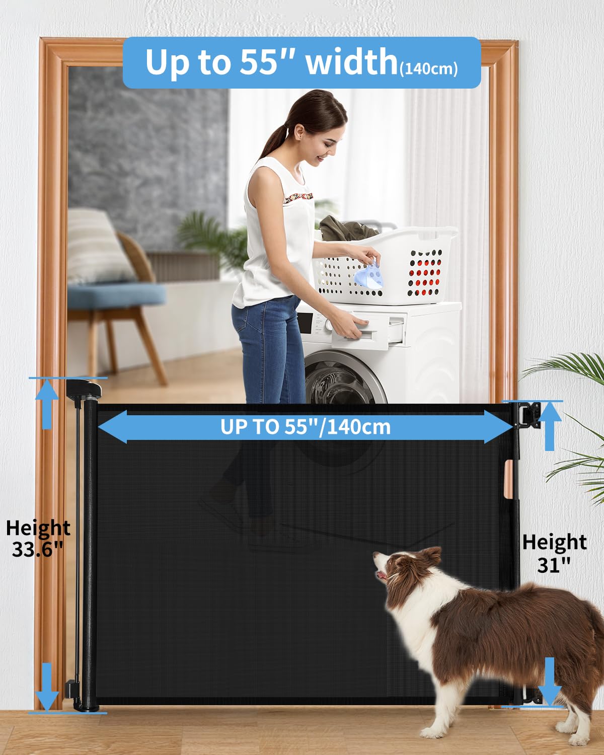 Veraste Retractable Baby Gate for Doorways and Stairs, Mesh Safety Gate for Pet, Indoor & Outdoor Use, One-Hand Operation, Easy Installation, 33.6" Tall, Expands to 55" Wide（Black）