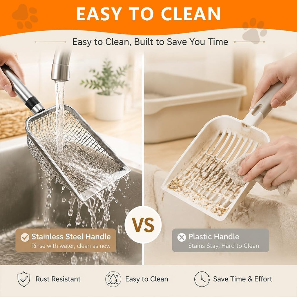 Cat Litter Scoop 2 Pack, Stainless Steel Handle, 3.8mm & 5mm Mesh Sifter