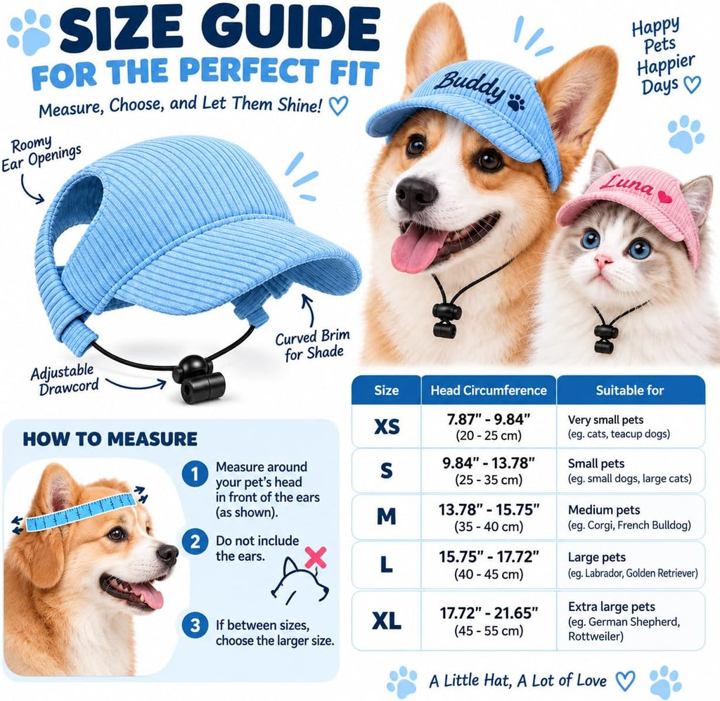 Personalized Dog & Cat Hat, Custom Embroidered Corduroy Cap with Ear Holes