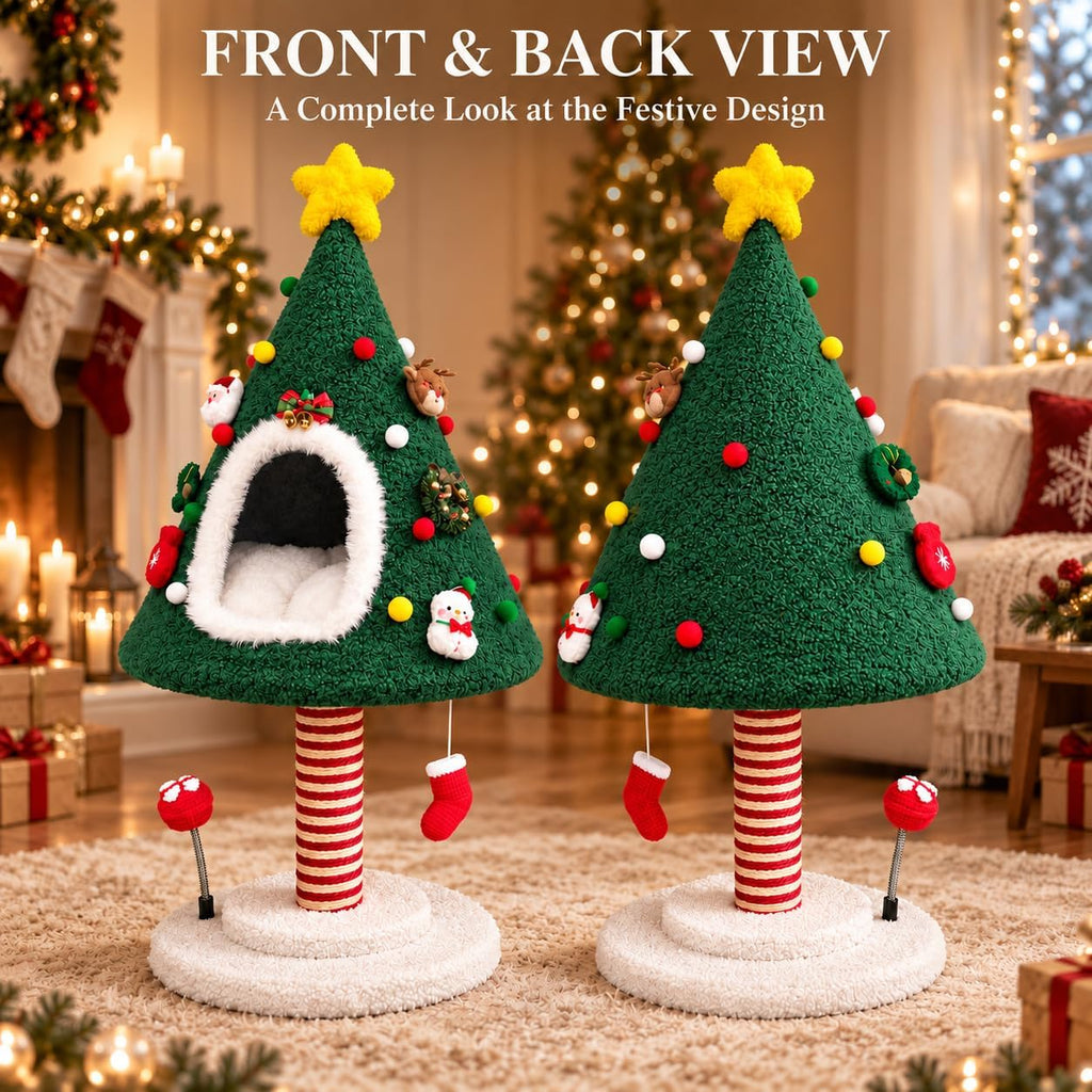 Cat Christmas Tree with Plush Cat Condo and Sisal Scratching Post